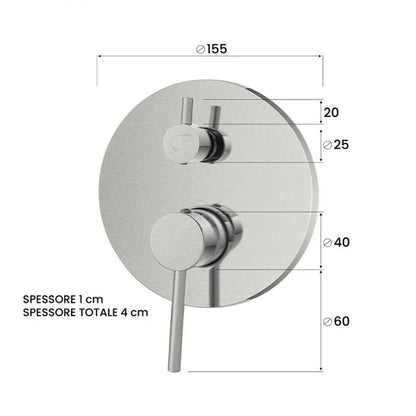 Miscelatore doccia ad incasso con deviatore a due vie in acciaio inox Rubiflux Serie Paris Modello Gris - Spazzolato