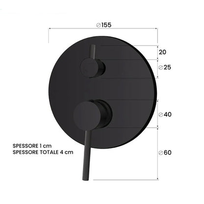 Miscelatore doccia ad incasso con deviatore a due vie in acciaio inox Rubiflux Serie Paris Modello Noir - Nero Opaco
