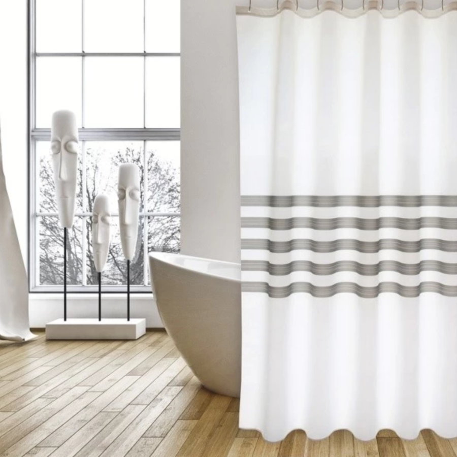 Tenda da doccia anti-muffa in poliestere 100% bianco/grigio collezione DELIA by CeramicStore | Lo specialista del tuo bagno