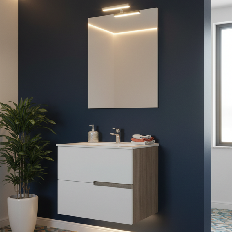 Mueble de baño suspendido con base, lavabo y espejo modelo Irene 60 - Roble humo y Blanco Brillante