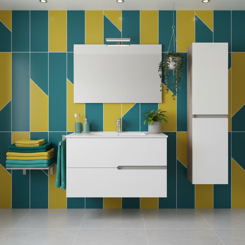 Mueble de baño suspendido con base, lavabo y espejo modelo Irene 80 - Roble humo y Blanco Brillante