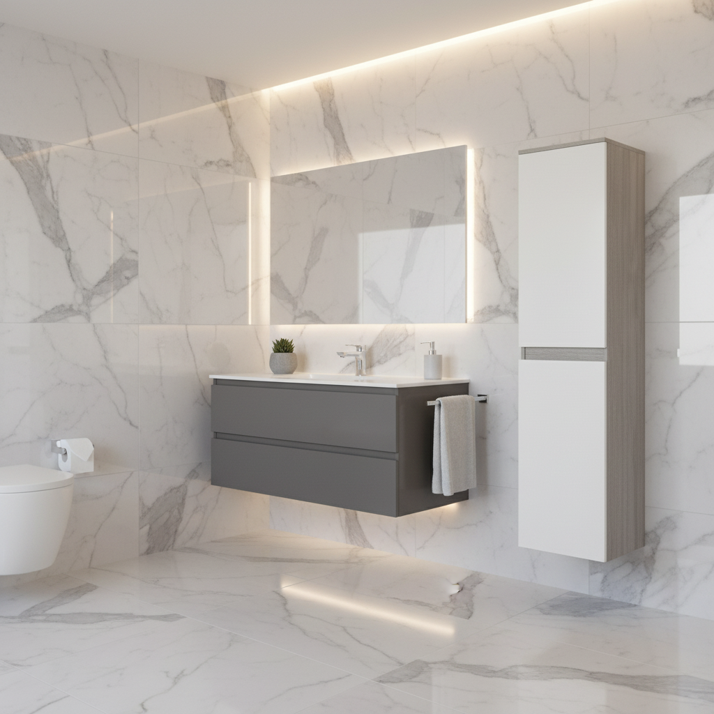 Colonna bagno sospesa serie Irene - Rovere fumo e Bianco Lucido