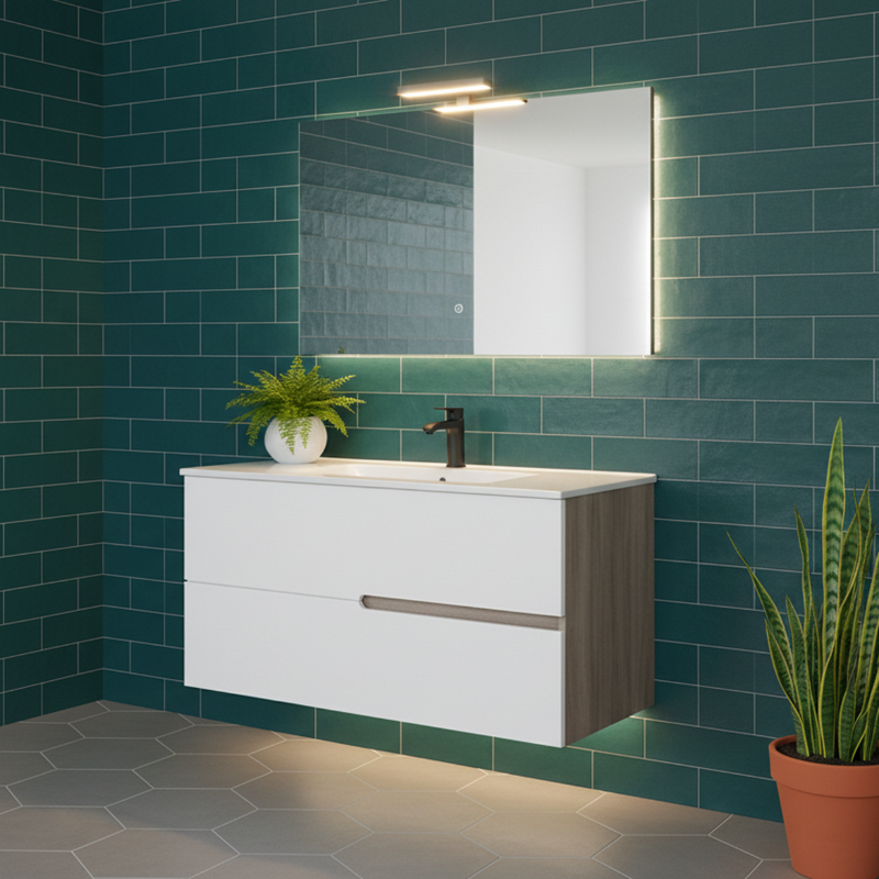 Mueble de baño suspendido con base, lavabo y espejo modelo Irene 100 - Roble humo y Blanco Brillante