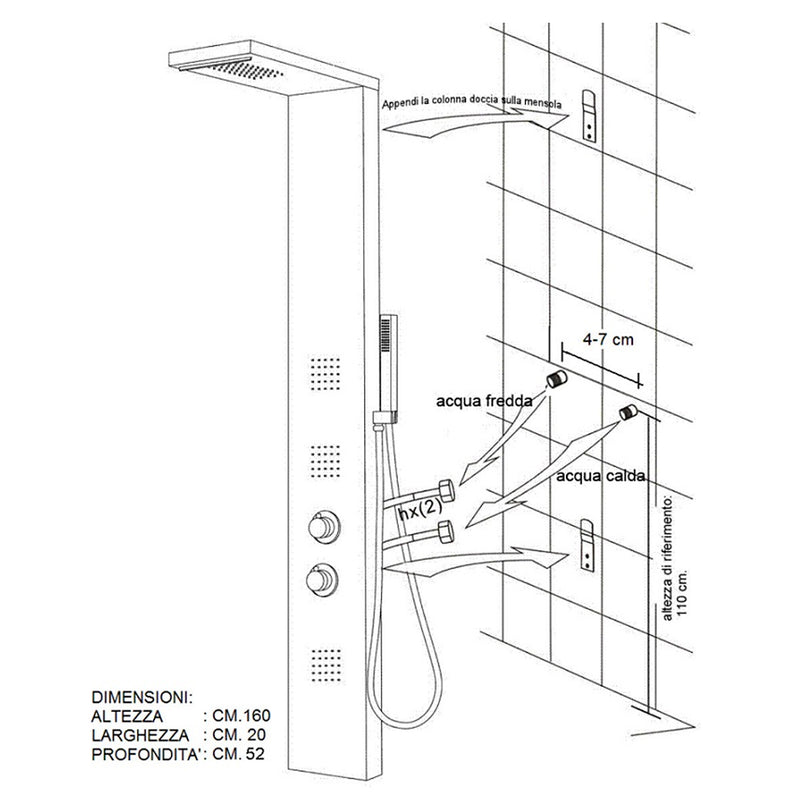 Pannello doccia Metaform Broadway in acciaio Inox con 4 funzioni, soffione, doccino e getti orizzontali e cascata by CeramicStore | Lo specialista del tuo bagno