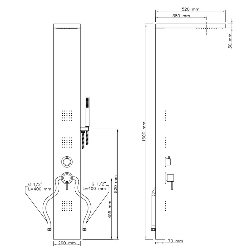 Pannello doccia Metaform Manhattan in inox con 3 funzioni, soffione, doccino e getti orizzontali by CeramicStore | Lo specialista del tuo bagno