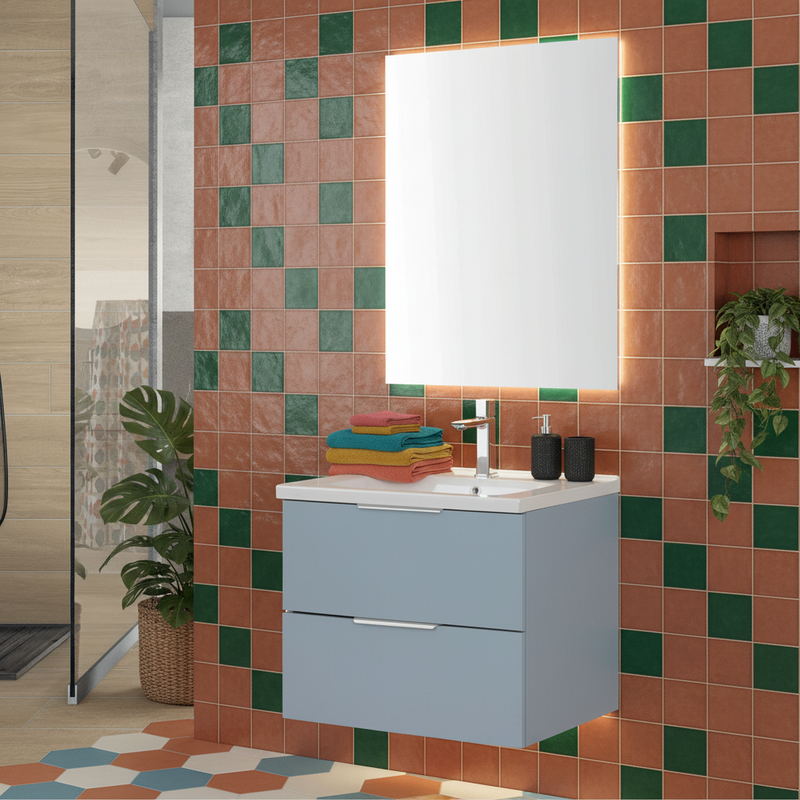 Mobile Bagno Sospeso 100 Cm Due Cassetti Specchio a Filo 60x100 Cm colore Azzurro Polvere