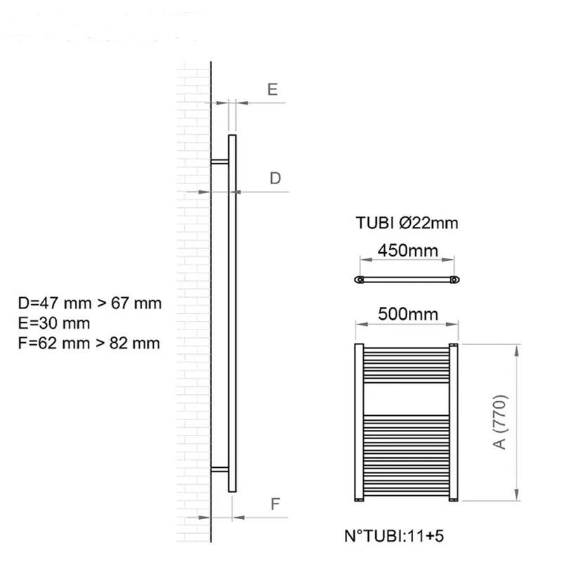 Termoarredo CSRadiators dritto Misure H 77 x L 50 cm Interasse 45 cm - Colore Nero opaco