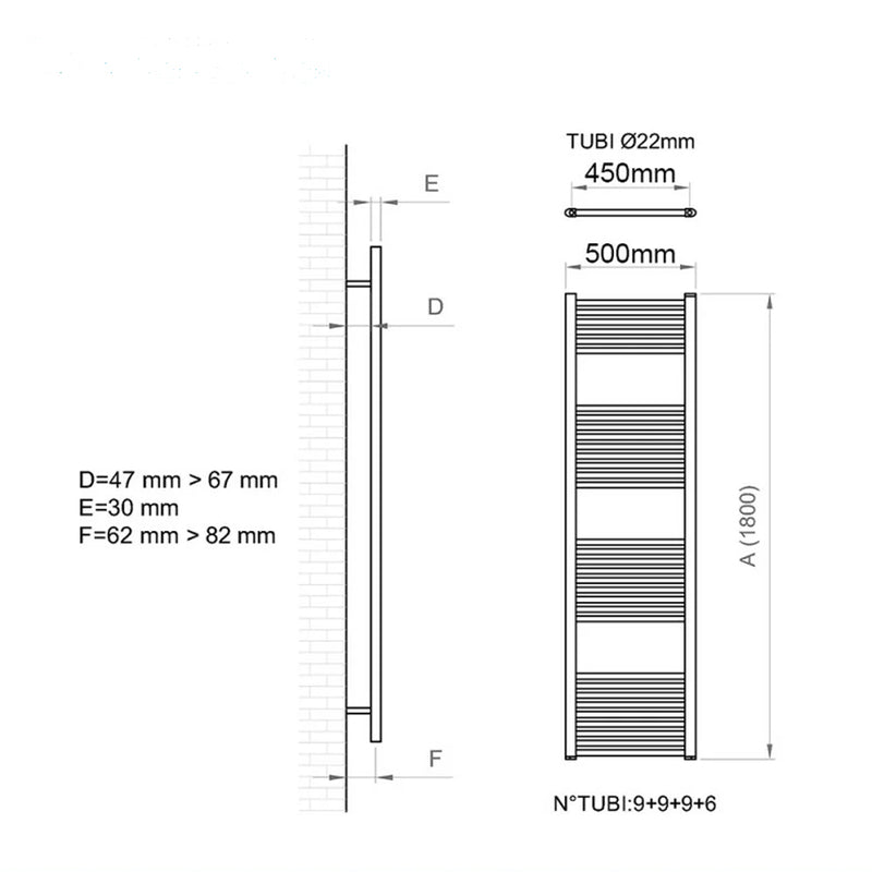 Termoarredo dritto CSRadiators, Misure Altezza 180 x Larghezza 50 cm Interasse 45 cm - Colore Nero opaco