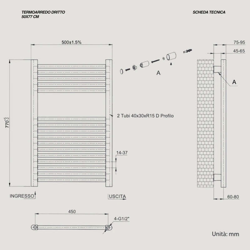 Termoarredo dritto CSRadiators, Misure Altezza 77 cm x Larghezza 50 cm, Interasse 45 cm - Colore Bianco