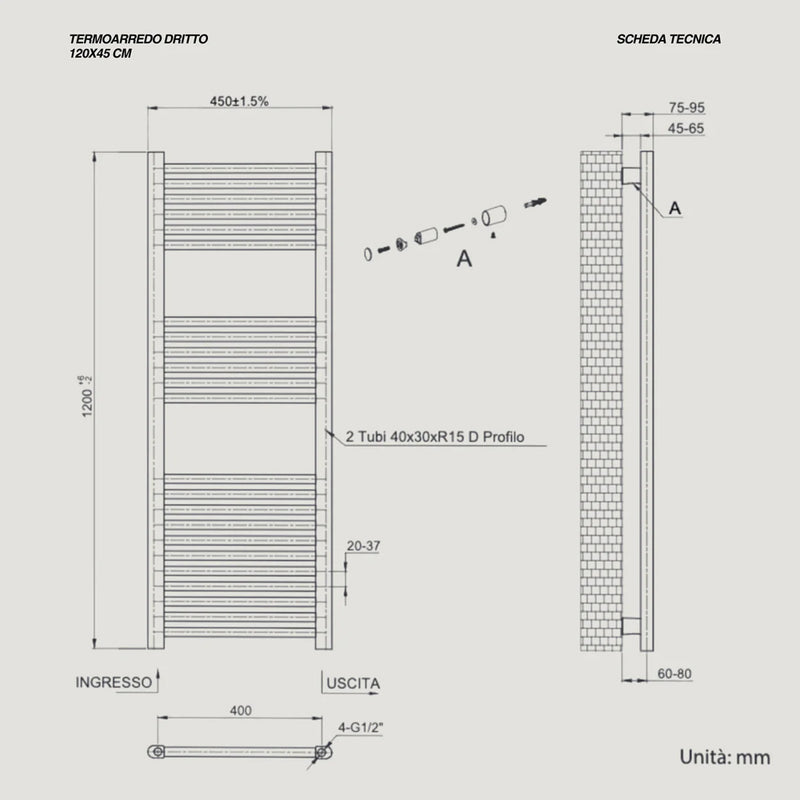 Termoarredo dritto CSRadiators, Misure Altezza 120 cm x Larghezza 45 cm, Interasse 40 cm - Colore bianco