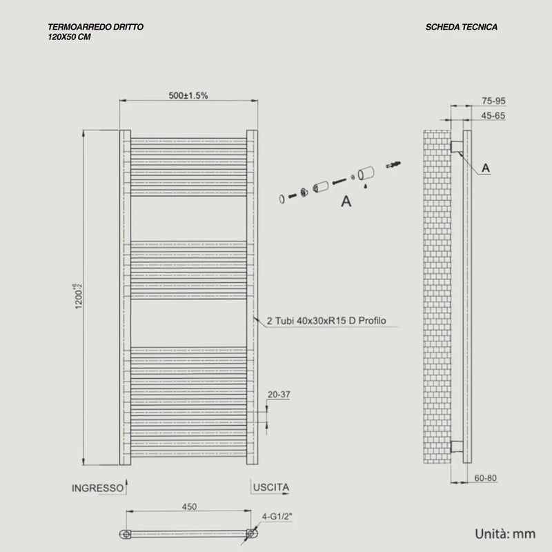 Termoarredo dritto CSRadiators, Misure Altezza 120 cm x Larghezza 50 cm, Interasse 45 cm - Colore bianco