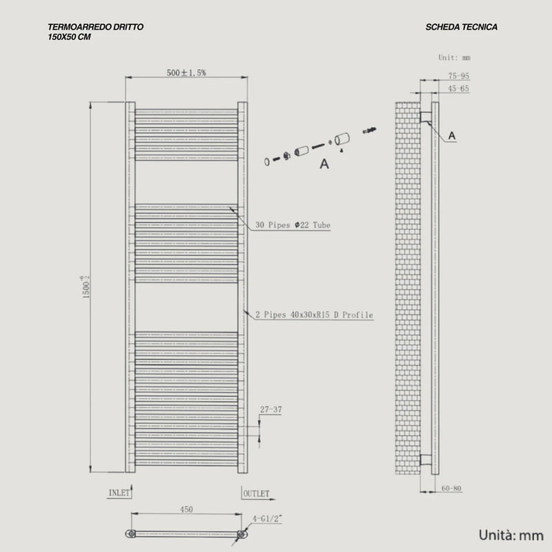 Termoarredo dritto, Misure Altezza 150 cm x Larghezza 50 cm, Interasse 45 cm - Colore Bianco