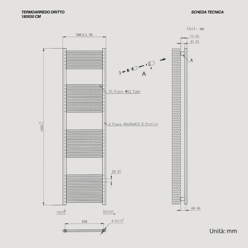 Termoarredo dritto, Misure Altezza 180 cm x 50 cm, interasse 45 cm - Colore Bianco