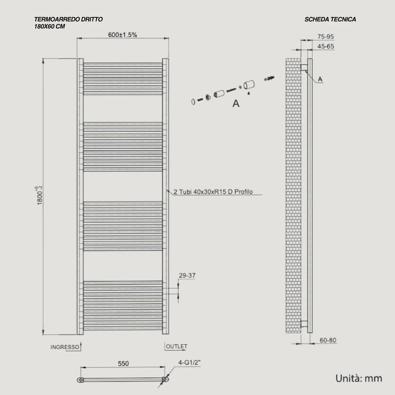 Termoarredo dritto CSRadiators, Misure Altezza 180 cm x Larghezza 60 cm, Interasse 55 cm - Colore Bianco