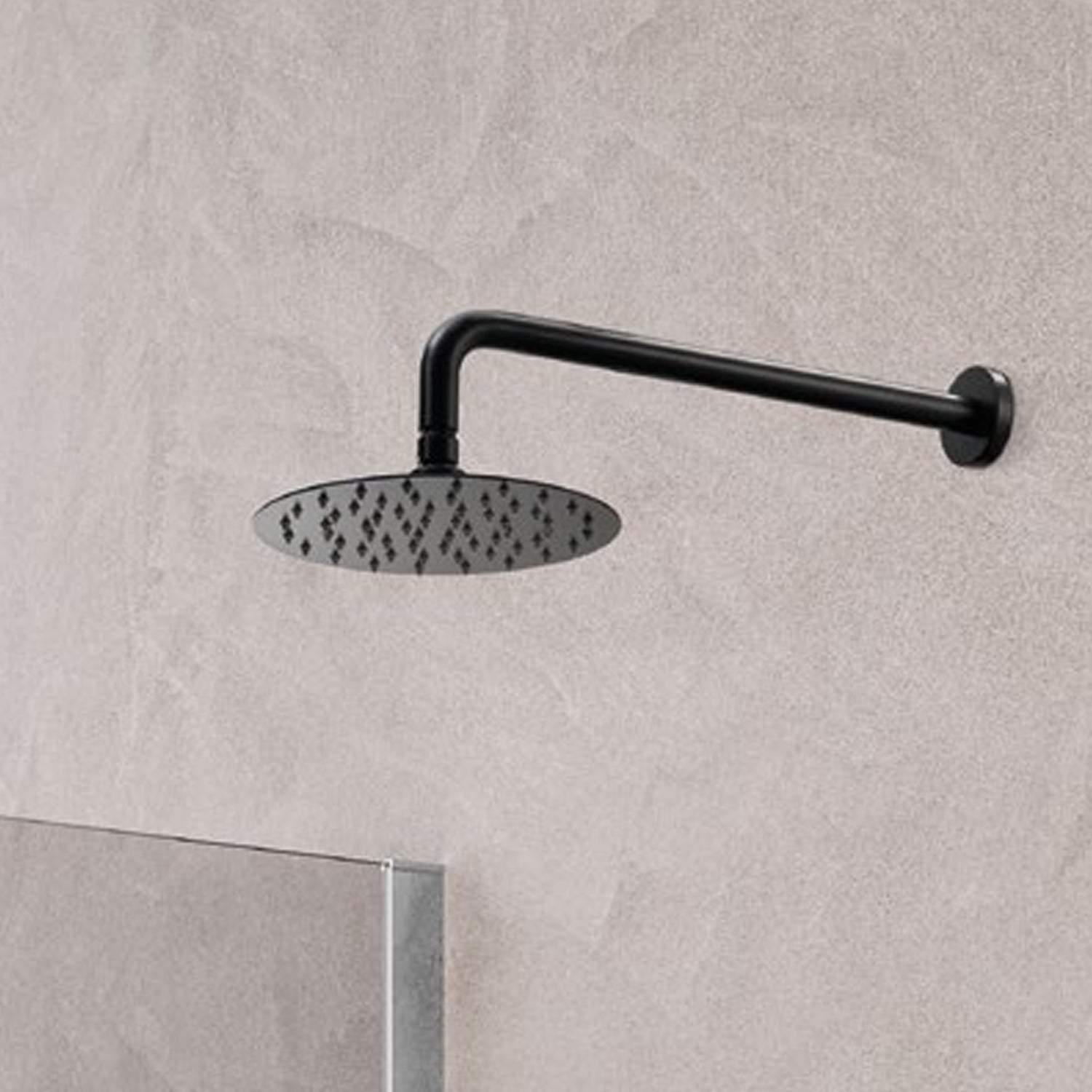 Soffione doccia tondo ultrasottile in acciaio diametro cm 25 con braccio 40 cm in ottone Nero Opaco by CeramicStore | Lo specialista del tuo bagno