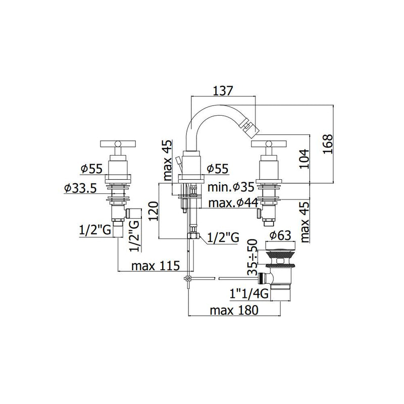 Batteria bidet 3 fori con scarico automatico serie Quattro modello QTV118CR cromo Paffoni by CeramicStore | Lo specialista del tuo bagno