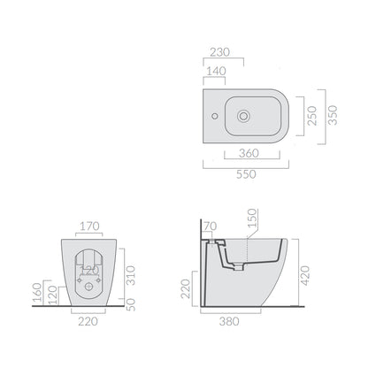 Bidet filomuro monoforo 55x35 cm serie MEG11PRO di Ceramica Galassia