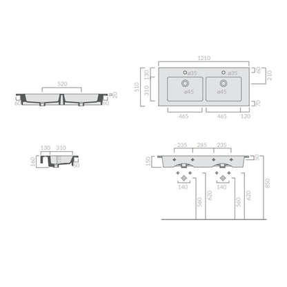 Lavabo vasca doppia ad incasso/sospeso serie Plus Design di Ceramica Galassia - Bianco lucido 121x51cm by CeramicStore | Lo specialista del tuo bagno