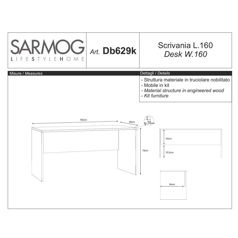 Scrivania da ufficio con piano superficiale antigraffio ad alta densità da 160 cm finitura Noce Stelvio by Sarmog by CeramicStore | Lo specialista del tuo bagno