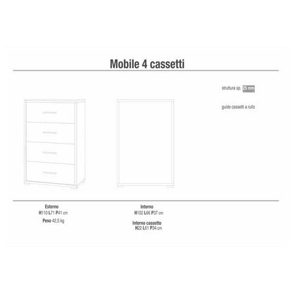 Cassettiera da camera a quattro cassetti finitura Struttura Noce Stelvio / Finitura Frontale Ossido Bianco by Sarmog by CeramicStore | Lo specialista del tuo bagno