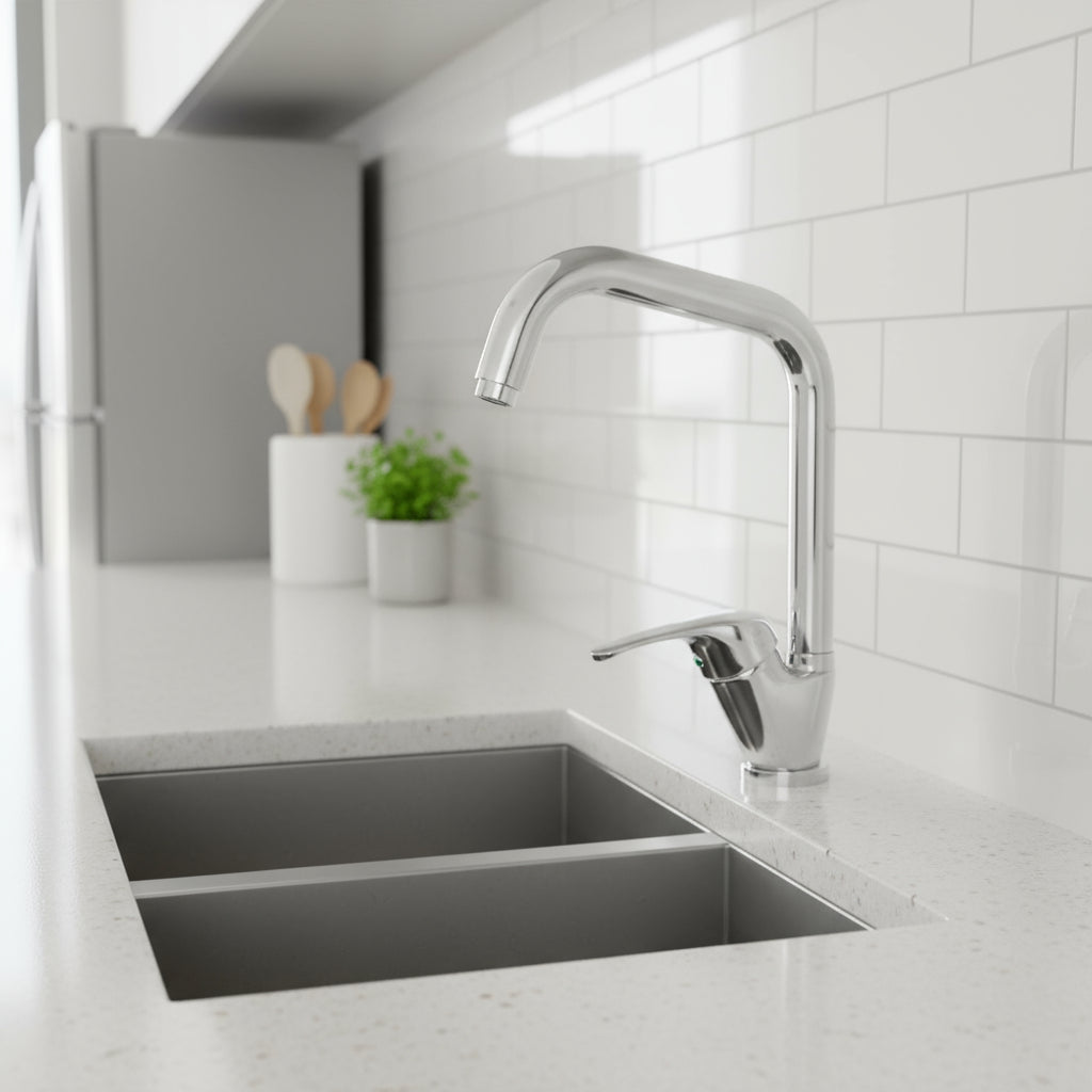 Rubinetto miscelatore monocomando cromato per lavello RubiFlux Blu 2.0 con canna alta quadra