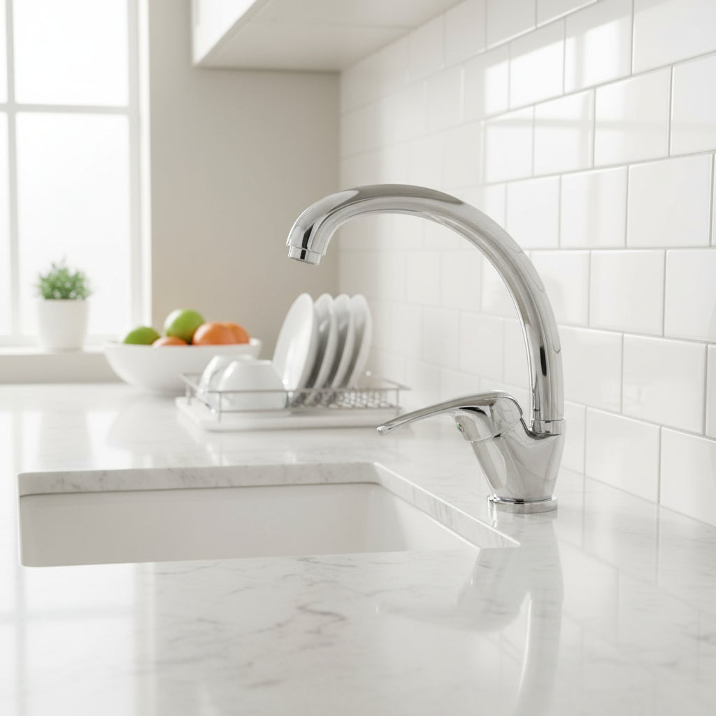 Rubinetto miscelatore monocomando cromato per lavello RubiFlux Blu 2.0 con canna alta snodata