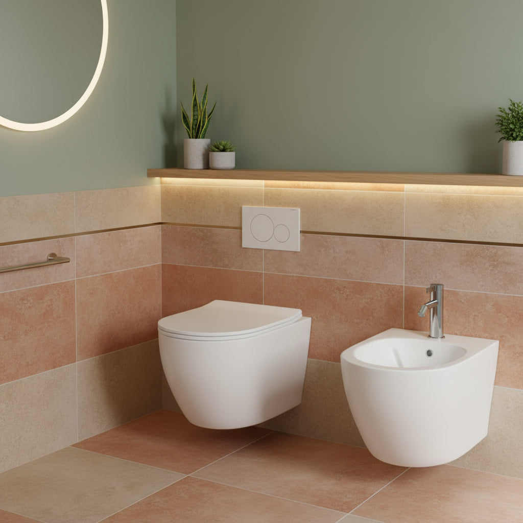 Sanitari sospesi senza brida con Copriwater Soft Close BathCore serie Aria 52x37 - Bianco Opaco