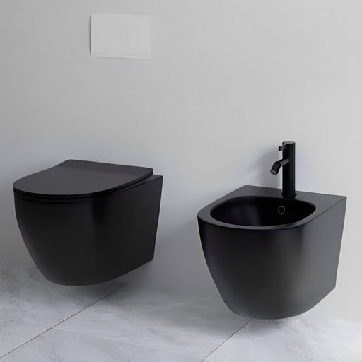 Sanitari sospesi senza brida con Copriwater Soft Close BathCore serie Aria 52x37 - Nero Opaco