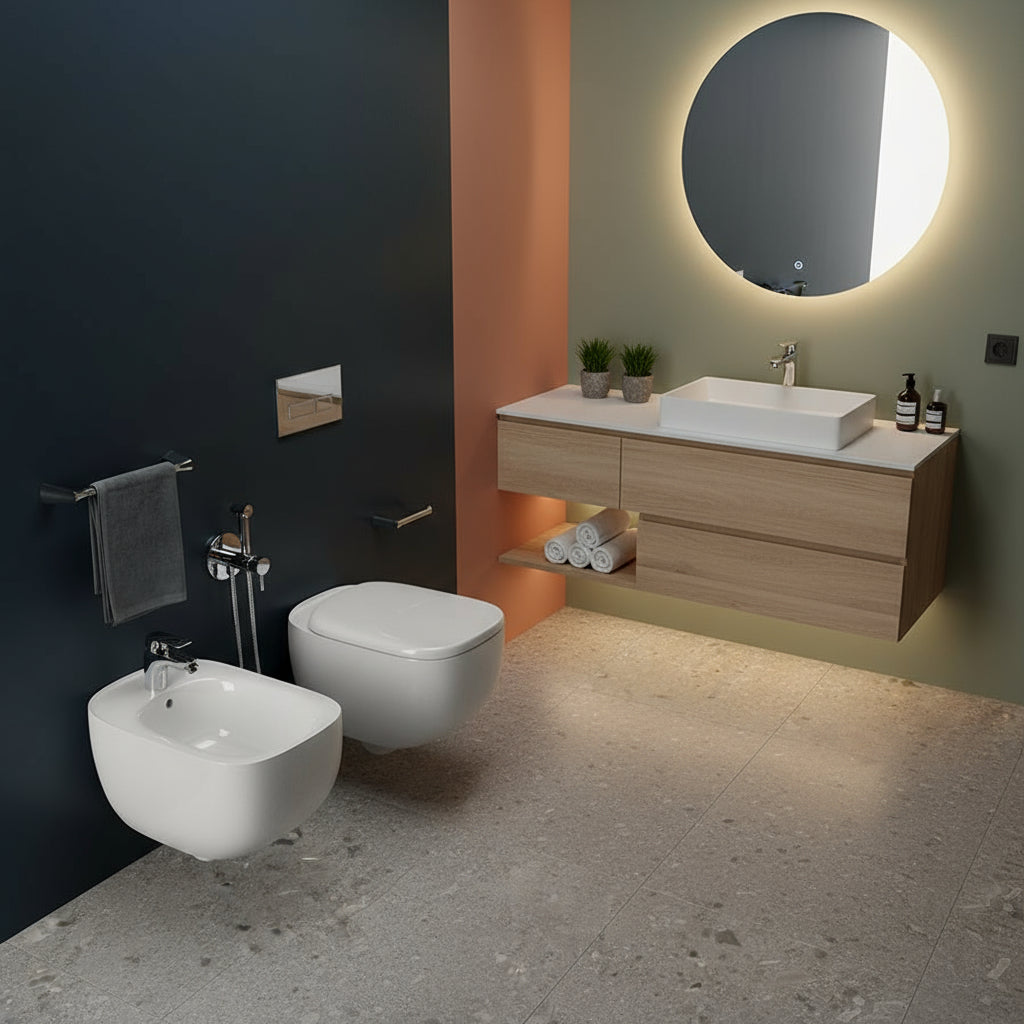 Coppia di sanitari sospesi collezione Illusion di Rak Ceramics con sistema Rimless
