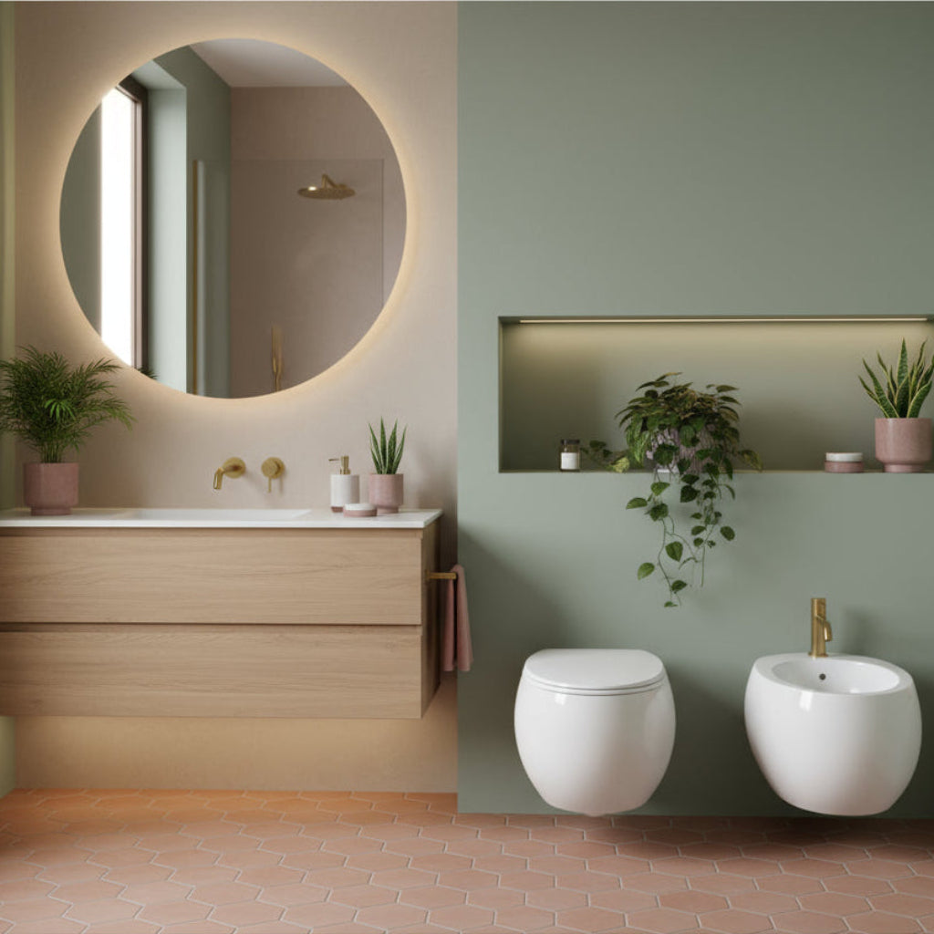 Coppia di sanitari sospesi con wc senza brida modello Cloud di Rak Ceramics compreso coprivaso cm 56 Bianco Lucido