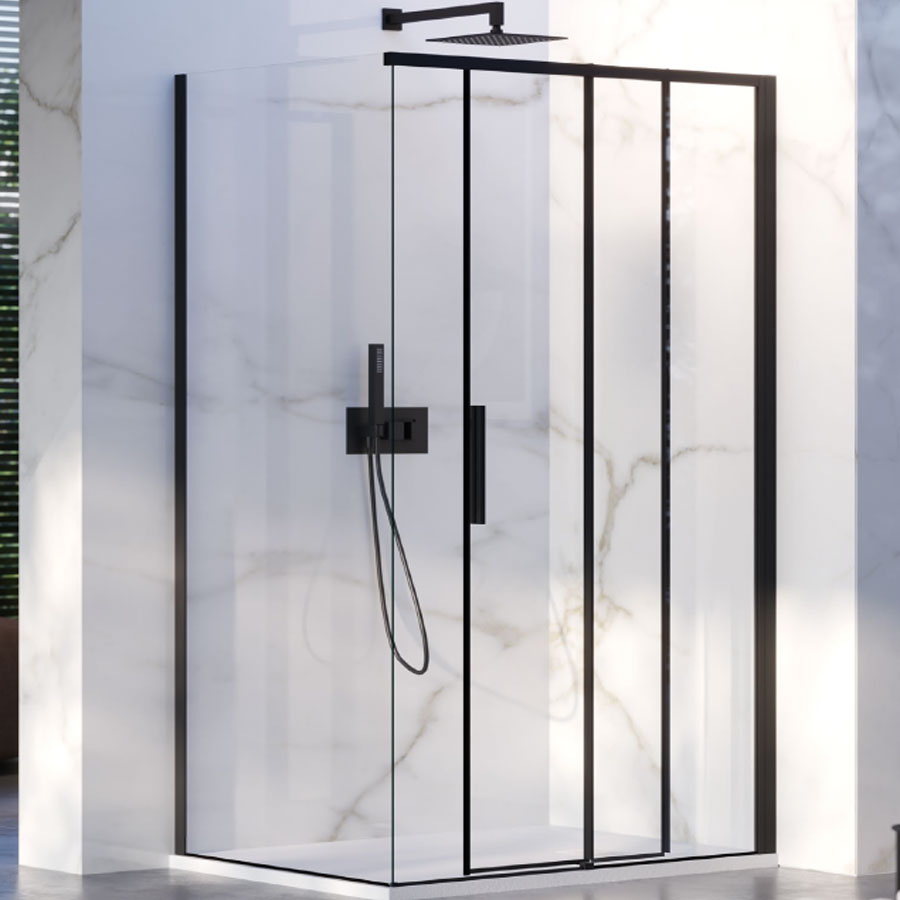 Box Doccia ad angolo 80x100 con lato fisso e porta scorrevole in cristallo 6 mm e profilo nero Versione Destra by CeramicStore | Lo specialista del tuo bagno