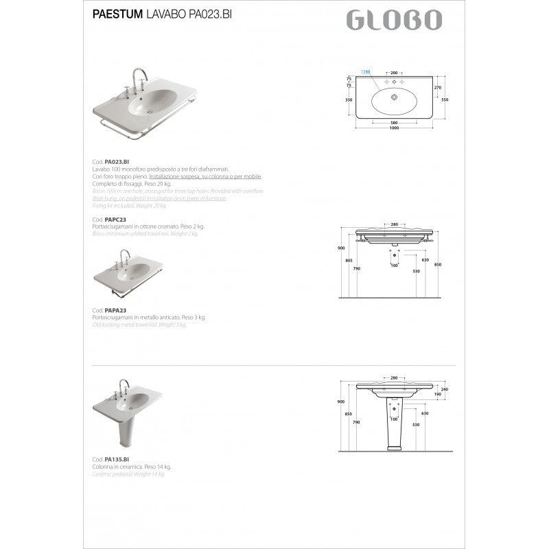 Lavabo sospeso 100x55 Ceramica Globo PAESTUM PA023.BI by CeramicStore | Lo specialista del tuo bagno