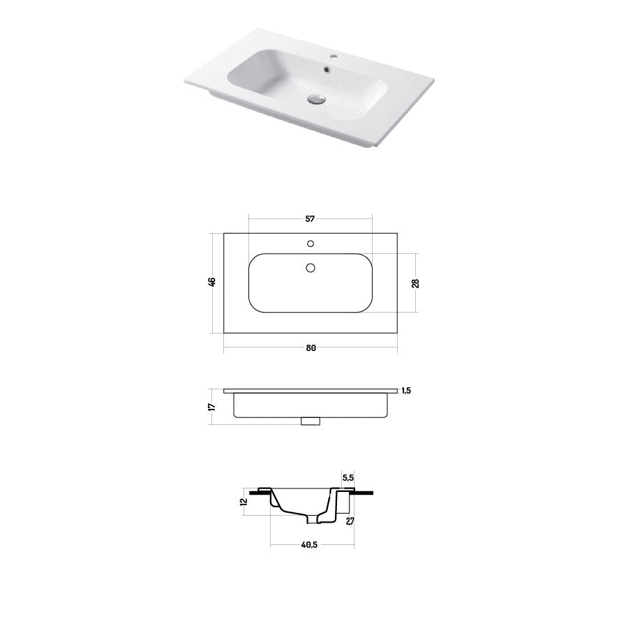 Lavabo a consolle in ceramica bianca lucida serie Qubo Square 46 Disegno-Ceramica 81cm by CeramicStore | Lo specialista del tuo bagno