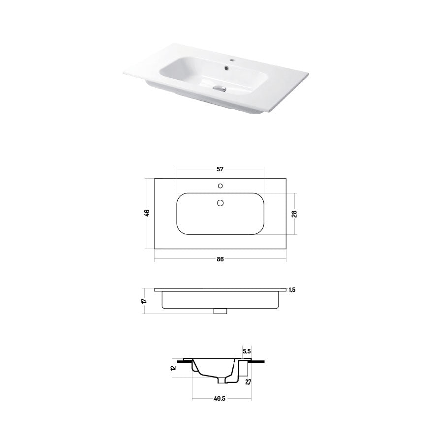 Lavabo a consolle in ceramica bianca lucida serie Qubo Square 46 Disegno-Ceramica 86cm by CeramicStore | Lo specialista del tuo bagno