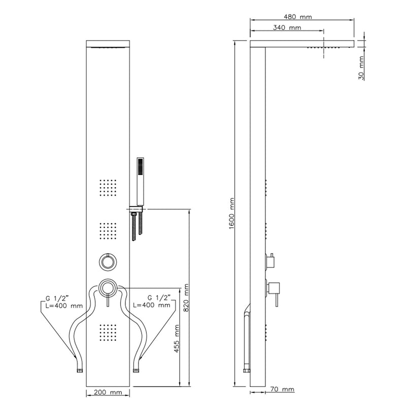 Pannello doccia Metaform Broadway in acciaio Inox con 4 funzioni, soffione, doccino e getti orizzontali e cascata by CeramicStore | Lo specialista del tuo bagno