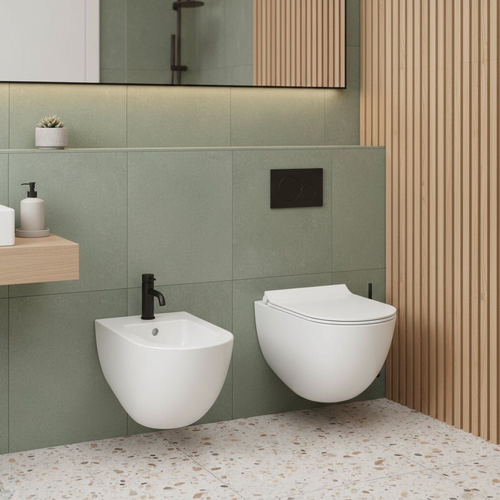 Coppia di Sanitari Sospesi 56x36 cm serie Dream di Ceramica Galassia con sedile slim soft close
