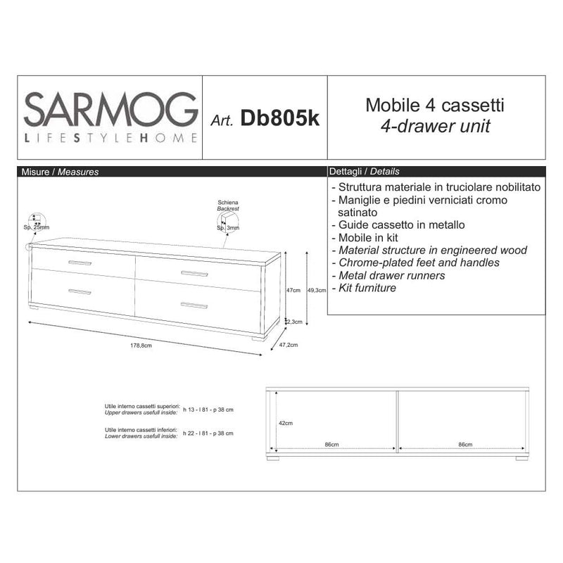 Mobile Basso da Soggiorno con 4 cassetti finitura Struttura Cemento / Finitura Frontale Cemento by Sarmog by CeramicStore | Lo specialista del tuo bagno
