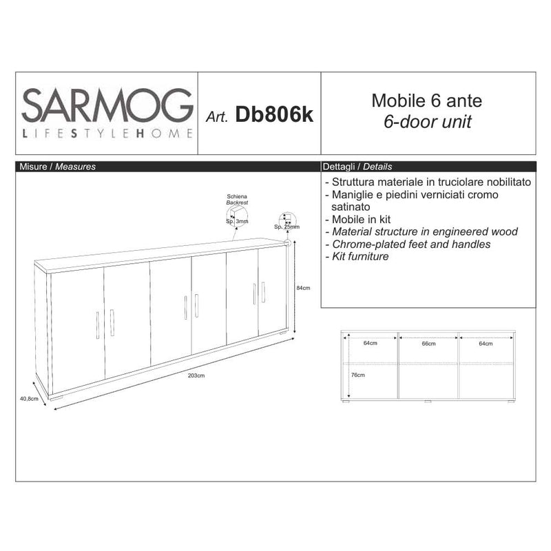Mobile Basso da Soggiorno con 6 Ante finitura Struttura Noce Stelvio / Finitura Frontale Ossido Bianco by Sarmog by CeramicStore | Lo specialista del tuo bagno