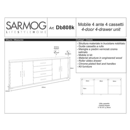 Mobile Basso da Soggiorno con 4 Ante e 4 Cassetti finitura Struttura Cemento / Finitura Frontale Ossido Bianco by Sarmog by CeramicStore | Lo specialista del tuo bagno