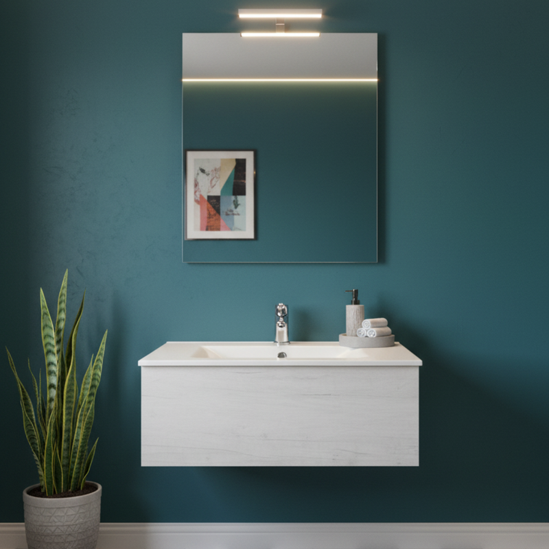 Mueble de baño suspendido en aglomerado con encimera de cerámica y espejo filo brillante Only Color Olmo blanco