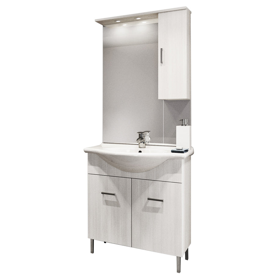 Mobile bagno a terra a due ante con lavabo, specchio e pensile modello Jour in nobilitato rifinitura larice bianco by CeramicStore | Lo specialista del tuo bagno