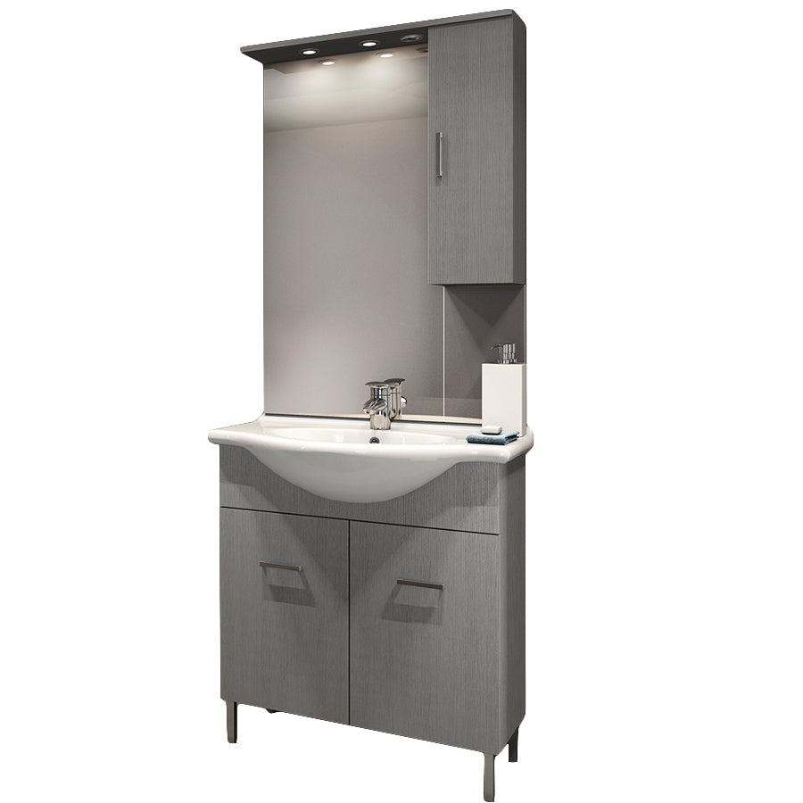 Mobile bagno a terra a due ante con lavabo, specchio e pensile modello Jour in nobilitato rifinitura larice grigio by CeramicStore | Lo specialista del tuo bagno