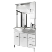 Mobile bagno a terra con due ante, due cassetti, lavabo in ceramica, specchio e pensile modello Jour in nobilitato bianco lucido by CeramicStore | Lo specialista del tuo bagno
