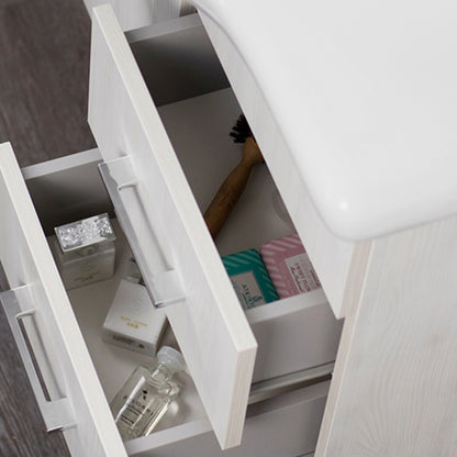 Mobile bagno a terra con due ante, due cassetti, lavabo in ceramica, specchio e pensile modello Jour in nobilitato legno larice bianco by CeramicStore | Lo specialista del tuo bagno