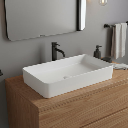 Lavabo d'appoggio rettangolare in ceramica bianca senza troppo pieno cm 61x34