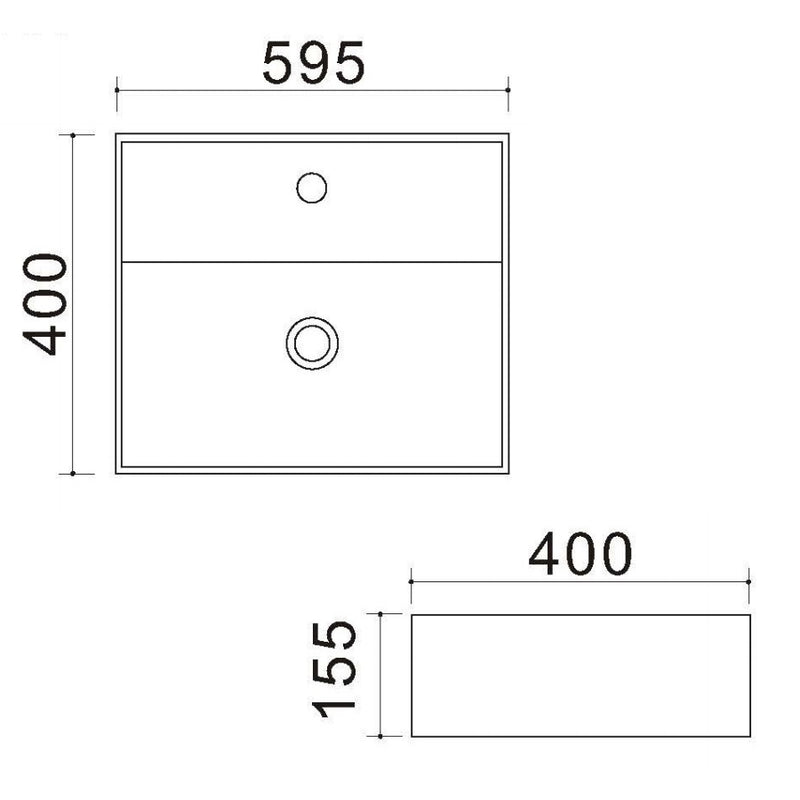 Lavabo d'appoggio rettangolare in ceramica bianca con foro troppo pieno e foro rubinetto cm 59