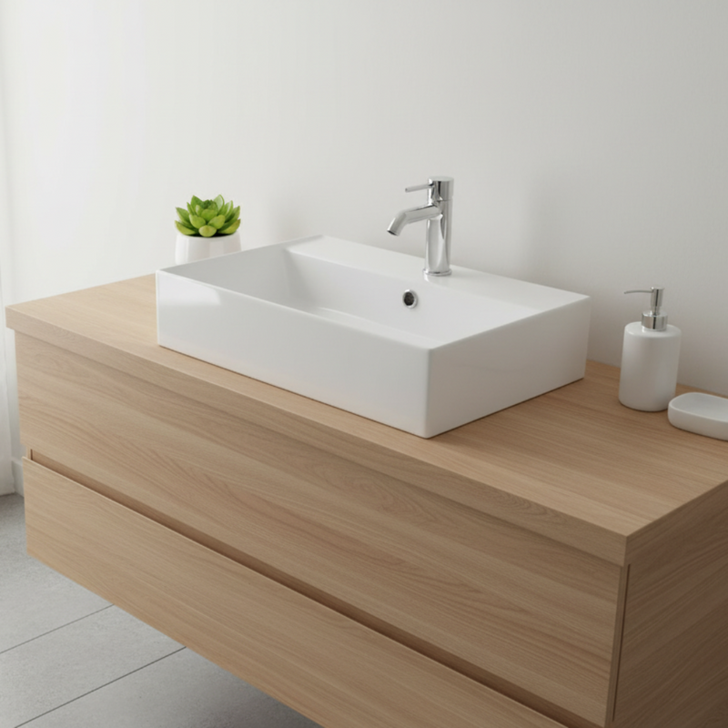 Lavabo de apoyo rectangular en cerámica blanca con orificio de rebosadero y orificio para grifo cm 59,5x40