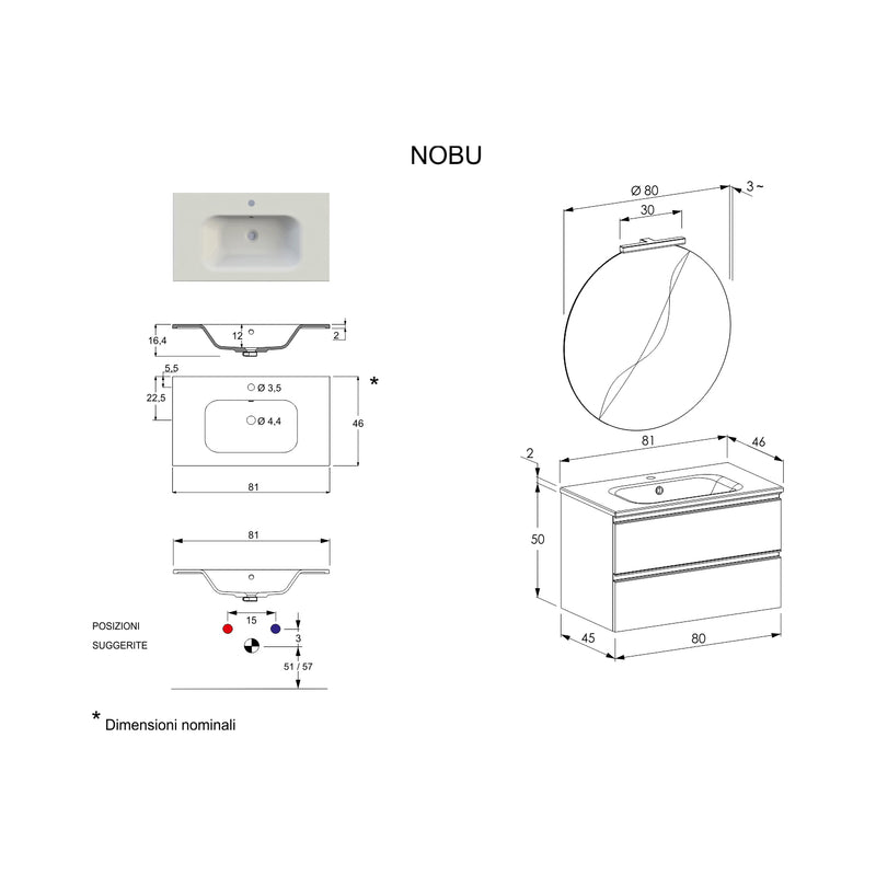 Composizione bagno sospesa Nexu 2 cassetti con lavabo specchio con lampada LED 2 cassetti 80x50 cm bianco by CeramicStore | Lo specialista del tuo bagno