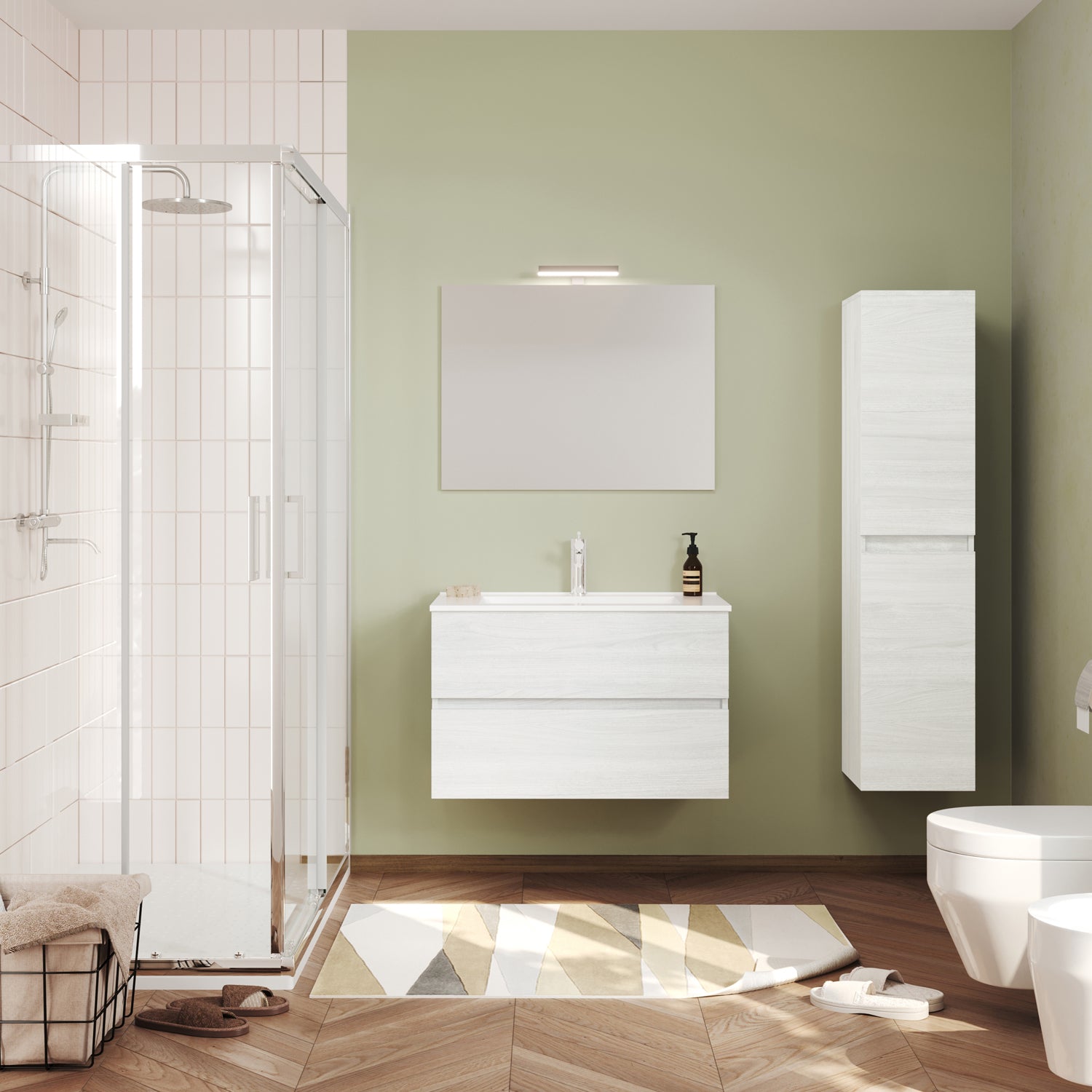 Mobile bagno con lavabo in ceramica specchio e lampada cm 80 colore Rovere Bianco- Cubi&Co modello Symmetry Classic 2 by CeramicStore | Lo specialista del tuo bagno