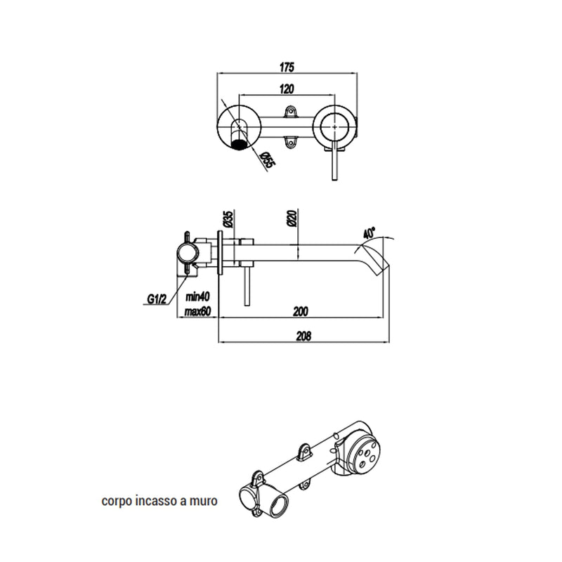 Miscelatore monocomando lavabo murale serie RubiFlux serie Regal canna 20 cm - Cromo